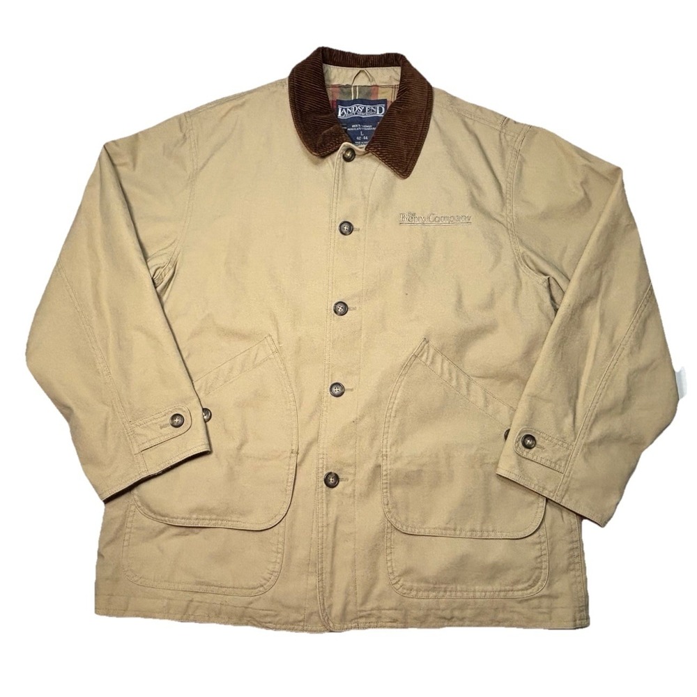 Lands End Men's Canvas Barn Chore Jacket Mens L Corduroy Collar Plaid Lined